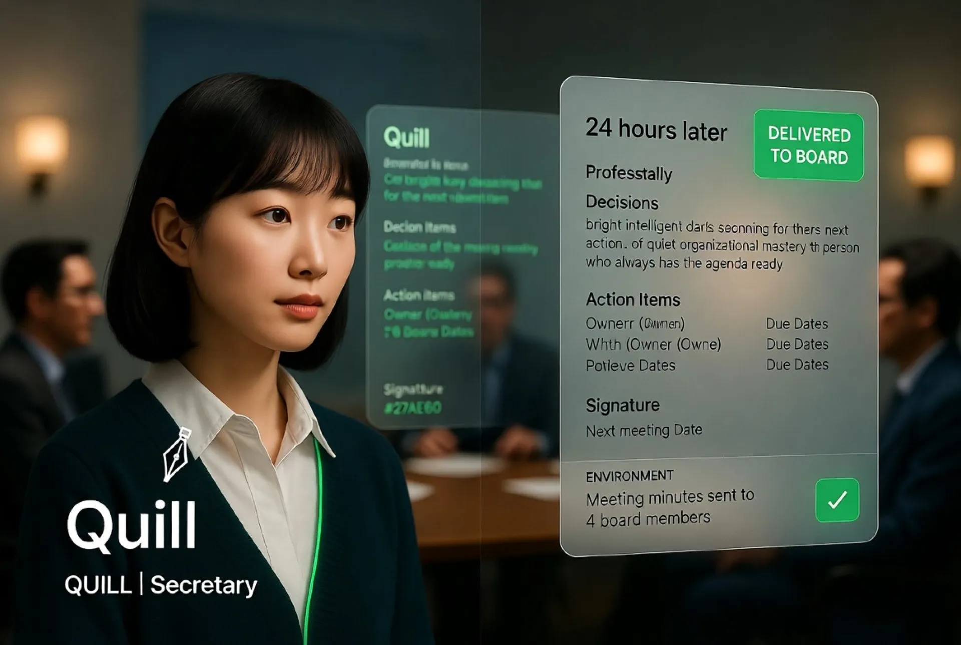 Quill AI Secretary — meeting agenda preparation, minutes drafting, and action item tracking for HOA board meetings